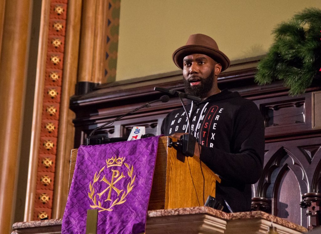 2019 12 16 k paynter police reform rally Malcolm Jenkins, safety on the Philadelphia Eagles, speaks at a police reform rally at the
Arch Street United Methodist Church. (Kimberly Paynter/WHYY)