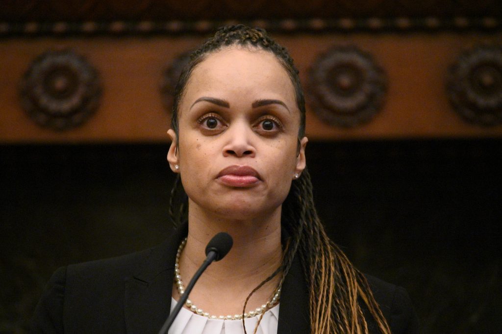 Outlaw New Commisioner in Philadelphia Danielle Outlaw, being introduced by Mayor Jim Kenney as the new commissioner of the Philadelphia Police Department, on Dec. 30, 2019. (Bastiaan Slabbers for WHYY)