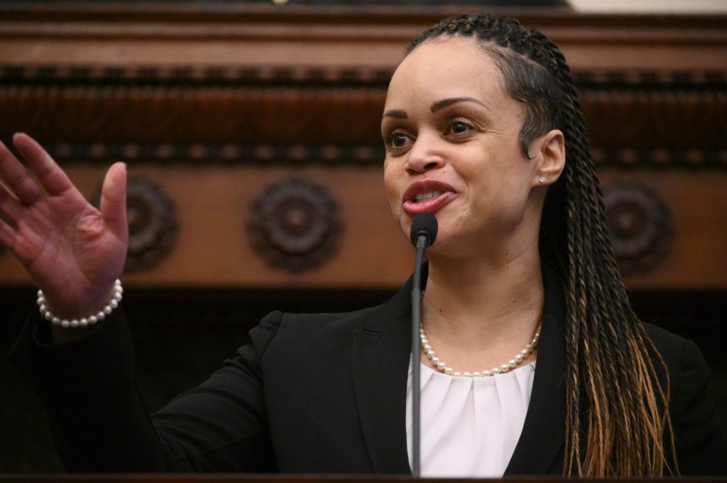 Outlaw New Commisioner in Philadelphia Danielle Outlaw is introduced by Mayor Jim Kenney as the new Commissioner of the Philadelphia Police Department, on Monday. (Bastiaan Slabbers for WHYY)