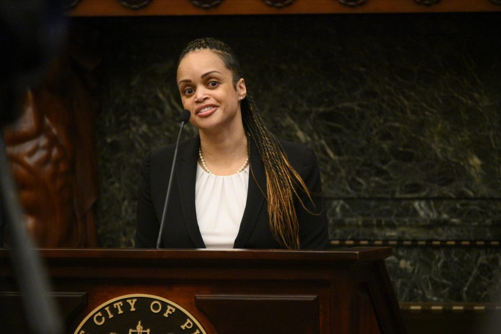 Danielle Outlaw is introduced by Mayor Jim Kenney as the new Commissioner of the Philadelphia Police Department, on Monday. (Bastiaan Slabbers for WHYY)