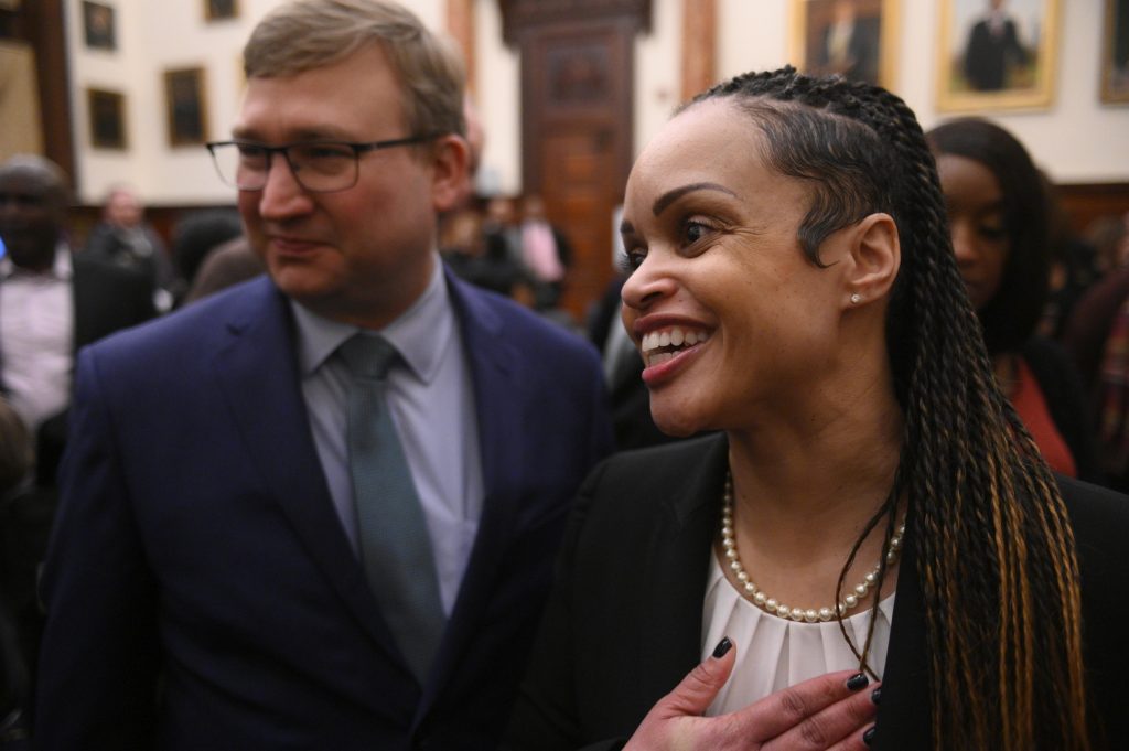 Outlaw New Commisioner in Philadelphia Danielle Outlaw is introduced by Mayor Jim Kenney as the new Commissioner of the Philadelphia Police Department. (Bastiaan Slabbers for WHYY)