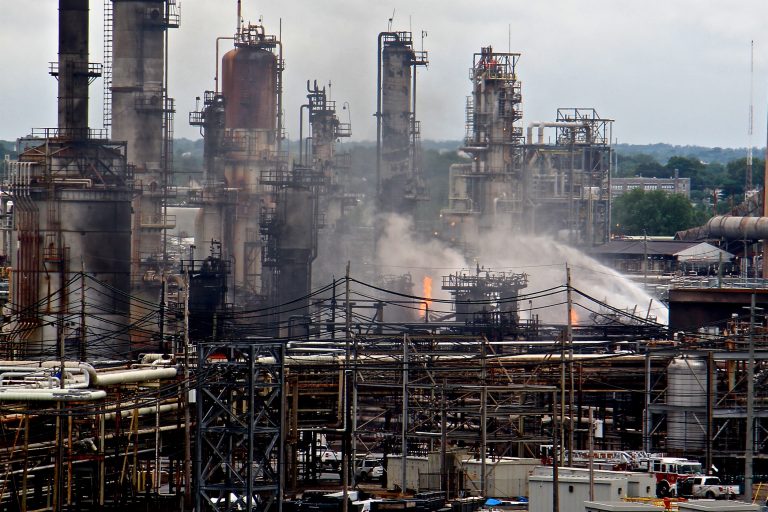 A fire burns at the Philadelphia Energy Solutions refinery hours after a series of early morning explosions on June 21, 2019. (Emma Lee/WHYY)