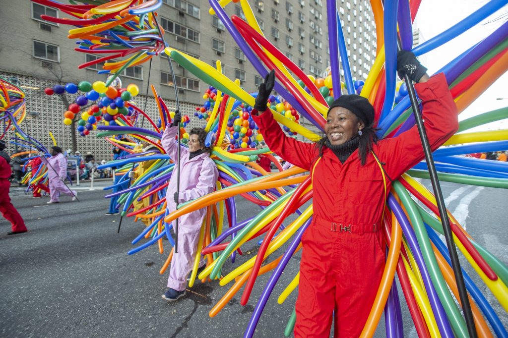 63 THANKSGIVING PARADE 2019 Volunteers wearing balloons lead Philadelphia's 100th Thanksgiving Day Parade. (Jonathan Wilson for WHYY)