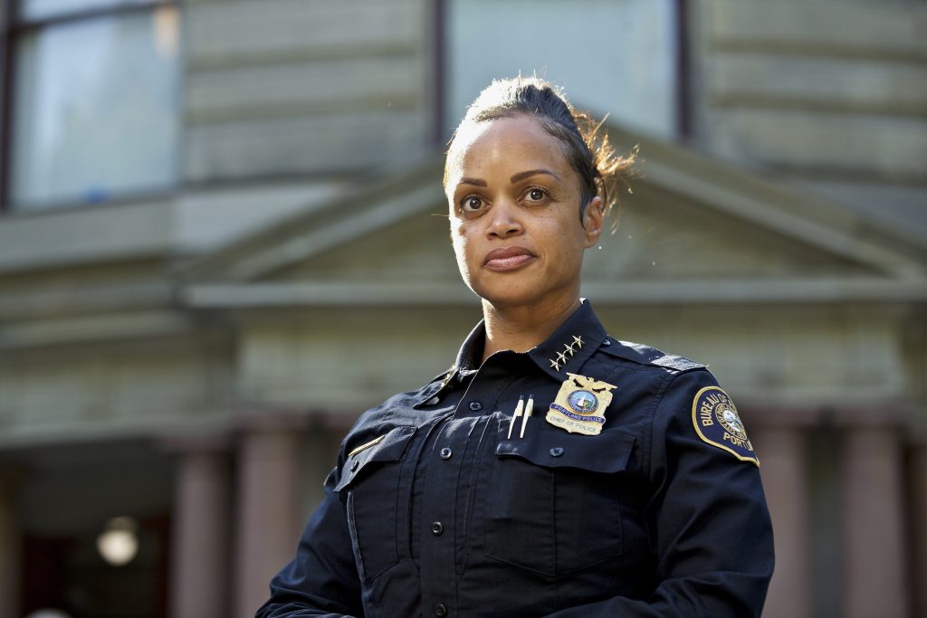 Portland Rallies Extremes Converge In this Aug. 5, 2019, photo, Portland Police Chief Danielle Outlaw poses for a photo in Portland, Ore. (AP Photo/Craig Mitchelldyer)