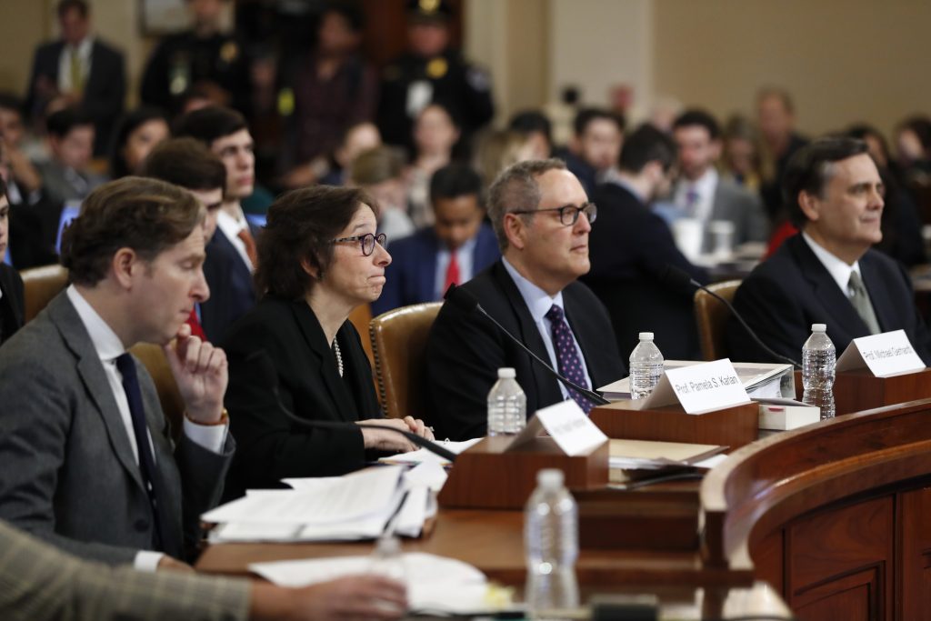 Noah Feldman, Pamela Karlan, Michael Gerhardt, Jonathan Turley From left, Constitutional law experts, Harvard Law School professor Noah Feldman, Stanford Law School professor Pamela Karlan, University of North Carolina Law School professor Michael Gerhardt and George Washington University Law School professor Jonathan Turley testify during a hearing before the House Judiciary Committee on the constitutional grounds for the impeachment of President Donald Trump, on Capitol Hill in Washington, Wednesday, Dec. 4, 2019. (AP Photo/Andrew Harnik)