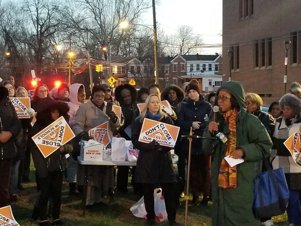 Chester-demonstration Education activist Jean Arnold speaks at a demonstration opposing a proposed charter takeover of all Chester K-8 schools on Tuesday, Dec. 3. (Photo by Joseph Staruski)