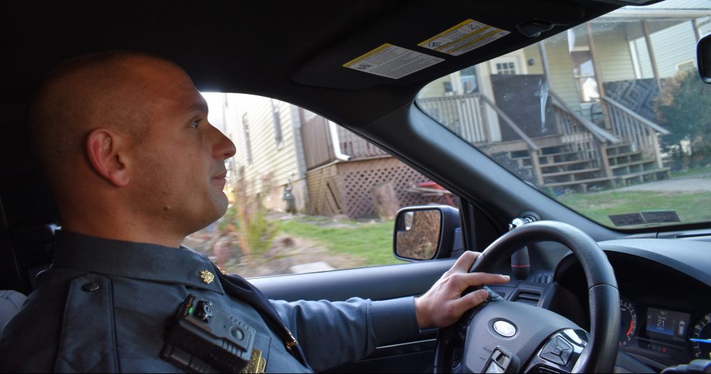DSC_0022-e1576145540127 Corporal Paul Antonucci drives back to the City of Coatesville Police Department headquarters after responding to a report of unattended children on Nov. 19, 2019. (Ed Mahon/PA Post)