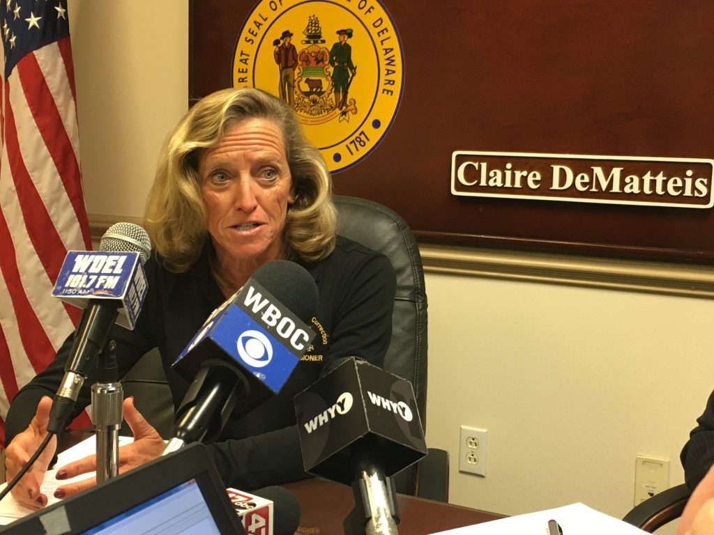 IMG_5939 Delaware Dept. of Correction Commissioner Claire DeMatteis talks about review of prison health care just completed by Christiana Care. (Mark Eichmann/WHYY)