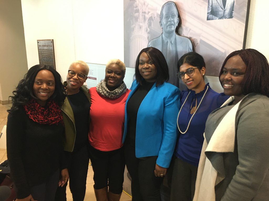 IMG_6013 Former refugees joined advocates at the signing ceremony. From left, Sophie Marie Namugenyi, director of support services at Jewish Family Services; Saybah Wolokolie; Ajawavi J. Ajavon; Lourena Gboeah, refugee from Liberia; Padmaja Charya, refugee therapist with JFS; and Jenevive Newman, JFS refugee case manager. (Mark Eichmann/WHYY)