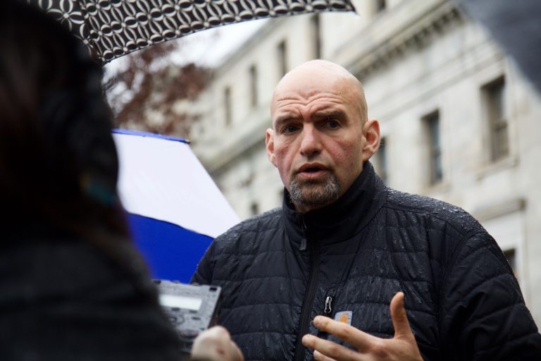 File photo of Pa. Lieutenant Gov. John Fetterman speaking to the press. (Kimberly Paynter/WHYY)