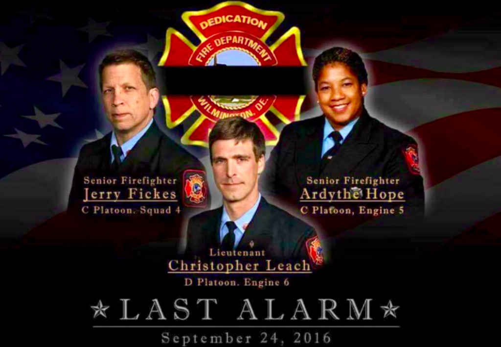 Last alarm Three firefighters died after the first floor collapsed, tumbling them into the burning basement. (City of Wilmington)