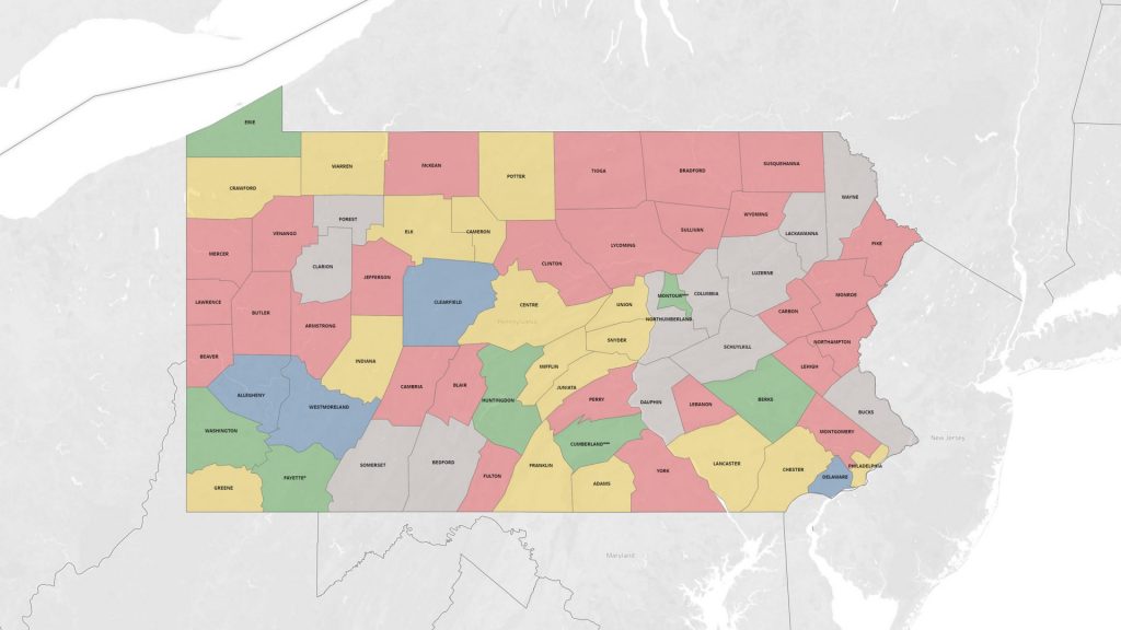 PA-Voting-Machine-Map-1920×1080 (1) Pennsylvania counties must have voting machines featuring voter-verifiable, individually audit-able paper ballots in place no later than the presidential primary April 28, 2020, as per the settlement to a lawsuit over the state's election system filed after the 2016 election. (Map by Tom Downing/WITF, database by Emily Previti/PA Post)