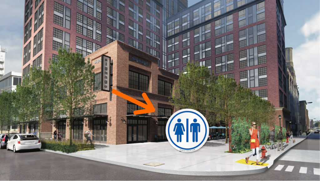 PublicBathroom(1) A rendering of a complex planned for North Broad, near the Rail Park. Neighbors want the developer to put a public bathroom in the project's public plaza. (Courtesy of Toll Brothers/Barton Partners Architects/PlanPhilly)