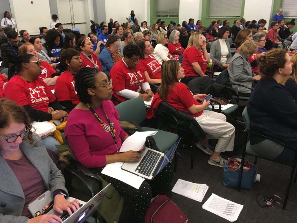 School-nurses-turn-out-at-board-meeting School nurses turn out in force at Board of Education meeting. (Bill Hangley, Jr./The Notebook)