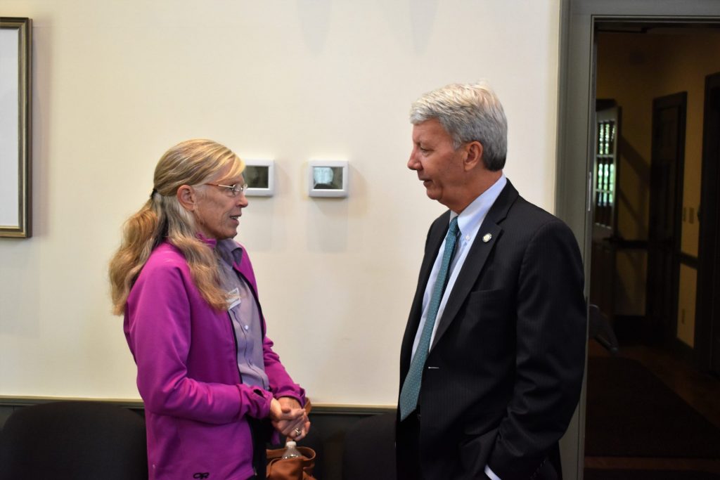 Starr-Cummin-Bright-1920×1280 Starr Cummin Bright, a gunshot survivor, speaks with state Sen. Tom Killion, R-Delaware/Chester, ahead of a panel discussion on Oct. 1, 2019, at the Chadds Ford Township Municipal Building. (Ed Mahon/PA Post)