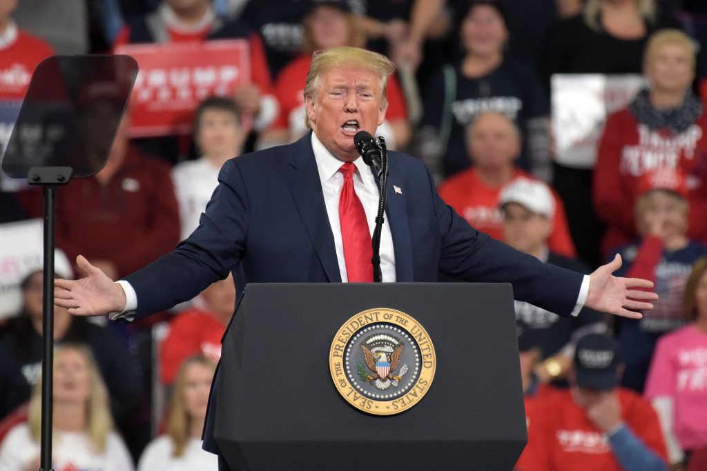 Trump-rally-in-Hershey-38-1920×1281 President Donald Trump speaks during a 2020 campaign rally Dec. 10, 2019, at the Giant Center in Hershey, Pennsylvania. (Matt Smith for WITF/PA Post)