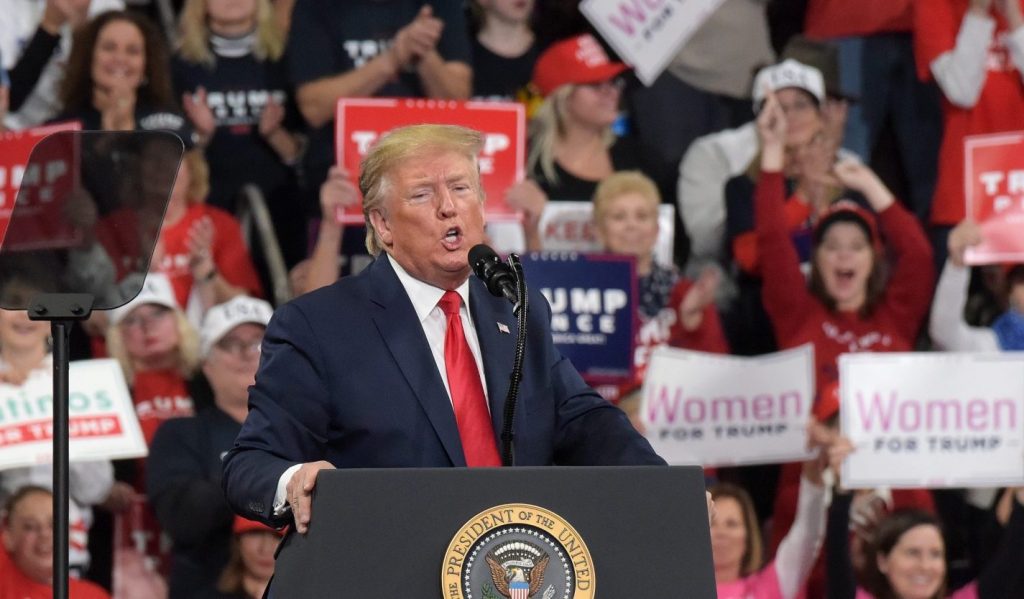 Trump-rally-in-Hershey-39-e1576037139837-1920×834 President Donald Trump speaks during a 2020 campaign rally Dec. 10, 2019, at the Giant Center in Hershey, Pennsylvania. (Matt Smith for WITF/PA Post)