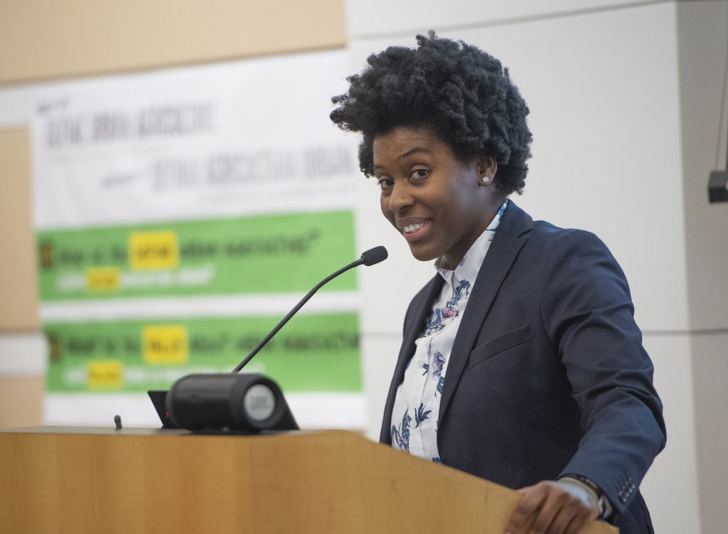 URBAN FARMS Ash Richards opens the first public meeting for Philadelphia's Urban Agriculture Plan. (Jonathan Wilson for WHYY)