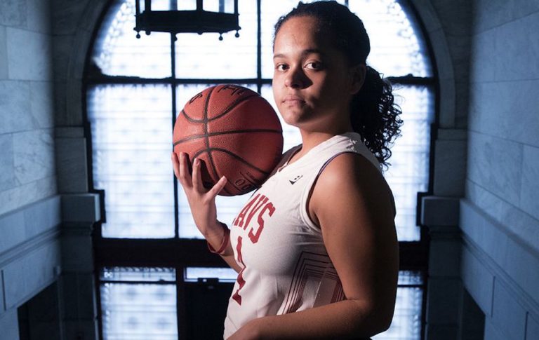 Philly athletes Dajah Horsey and Malika Douglas show how athletics help girls fight back against food insecurity. (Charles Fox/The Philadelphia Inquirer)
