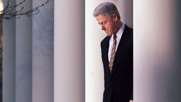 President Clinton in the Rose Garden of the White House on Dec. 11, 1998, before delivering a statement on the impeachment inquiry. (J. Scott Applewhite/AP Photo)