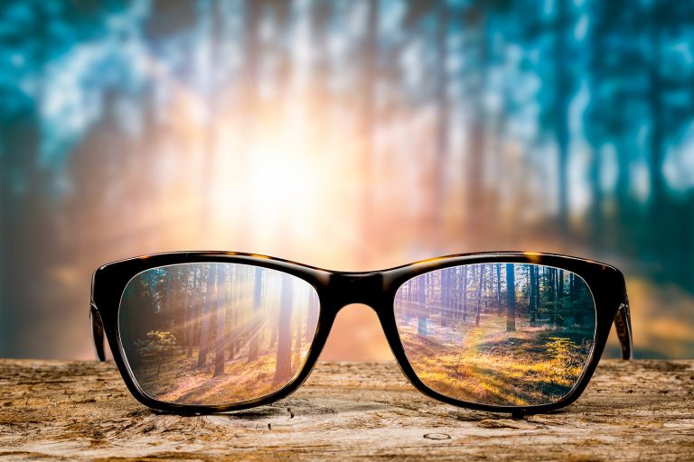 a pair of glasses focused on a forest