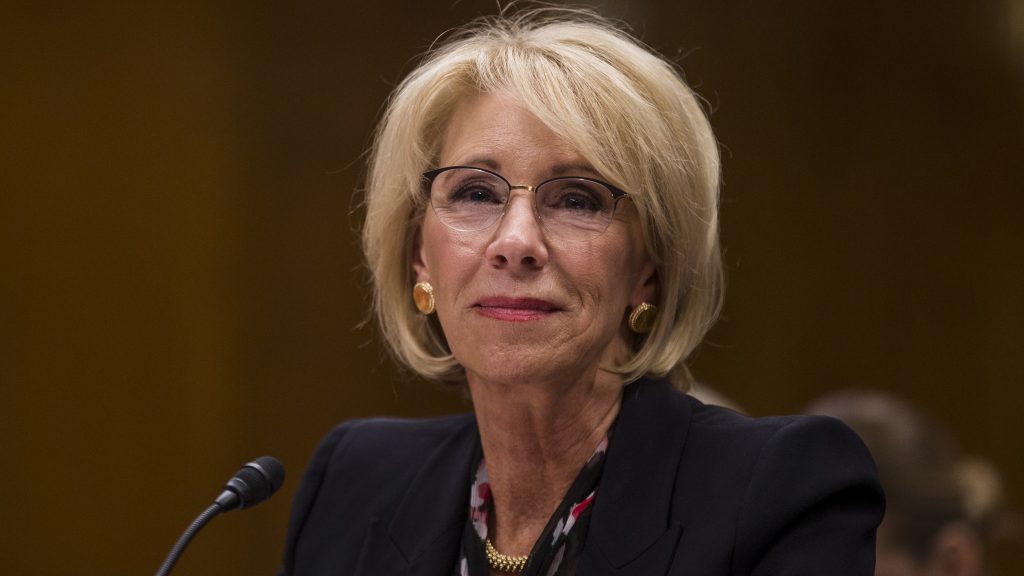 U.S. Education Secretary Betsy DeVos testifies before the Senate education committee on March 28. U.S. Education Secretary Betsy DeVos testifies before the Senate education committee on March 28. (Zach Gibson/Getty Images)