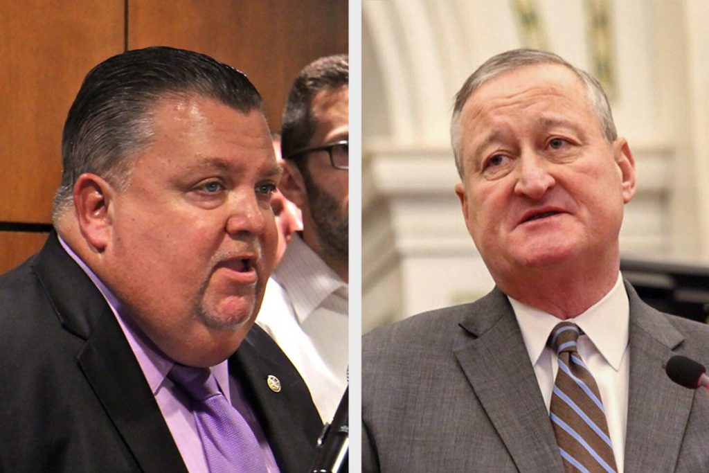 2018 09 04-e lee-john mcnesby-philadelphia FOP headquarters-ryan Philadelphia Fraternal Order of Police President John McNesby; Philadelphia Mayor Jim Kenney (Emma Lee/WHYY)