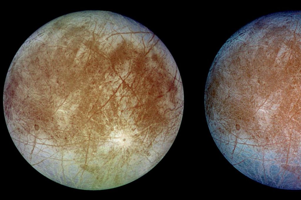 Natural and False Color Views of Europa This image, taken on September 7, 1996 by NASA's Galileo orbiter, shows two views of the trailing hemisphere of Jupiter's ice-covered satellite, Europa. Europa is about 3,160 kilometers (1,950 miles) in diameter, or about the size of Earth's moon.