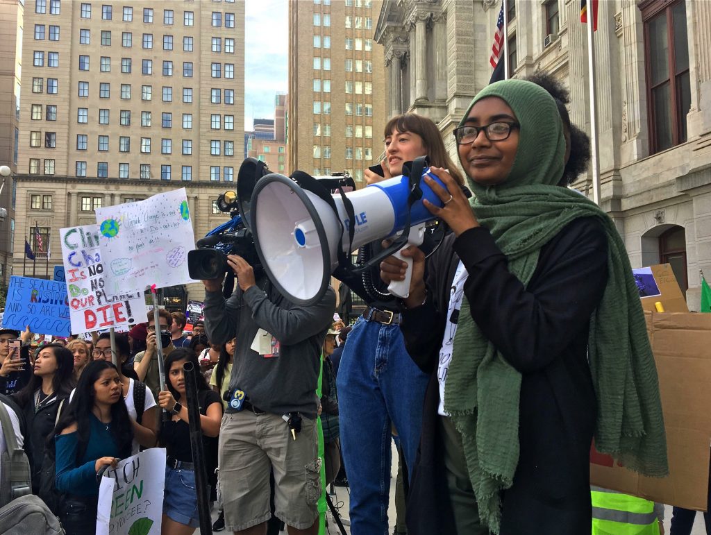 2019 09 20-c jaramillo-sabirah mahmud-philadelphia climate strike Sabirah Mahmud speaks at a Youth Climate Strike at Philadelphia City hall on Sept. 20, 2019. She is the lead Philly organizer for #ClimateStrike. (Catalina Jaramillo/WHYY)