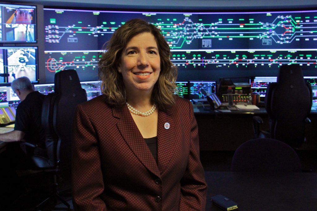 SEPTA's General Manager Leslie Richards stands in the control room at SEPTA headquarters. (Emma Lee/WHYY)