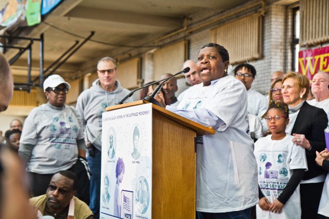 Freedom Fighter Karen Asper Jordan on stage at the MLK Day of Service at Philadelphia’s Girard College. (Kimberly Paynter/WHYY)