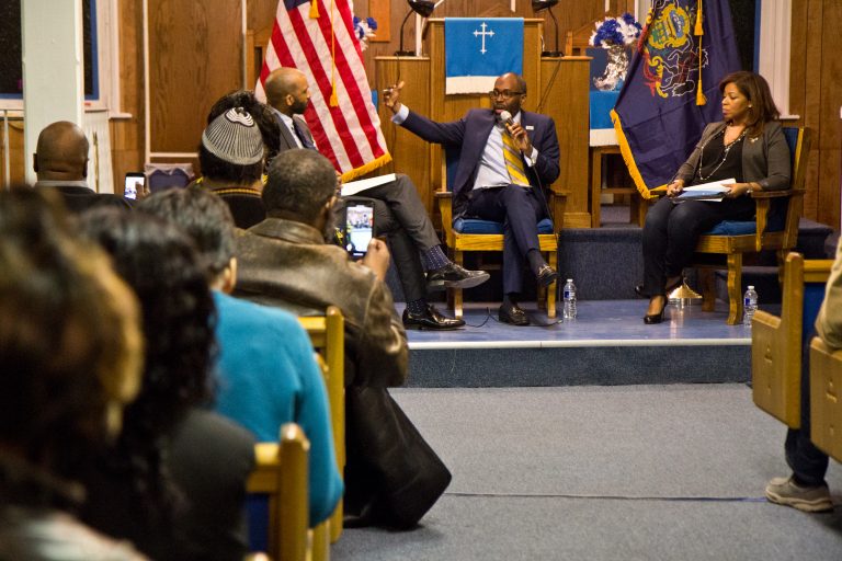 Philadelphia’s First Immanuel Baptist Church in Sharswood hosted a Black Voices for Trump roundtable with Paris Dennard, a conservative speaker, and Kamiliah Prince, the RNC’s director of African-American engagement. (Kimberly Paynter/WHYY)