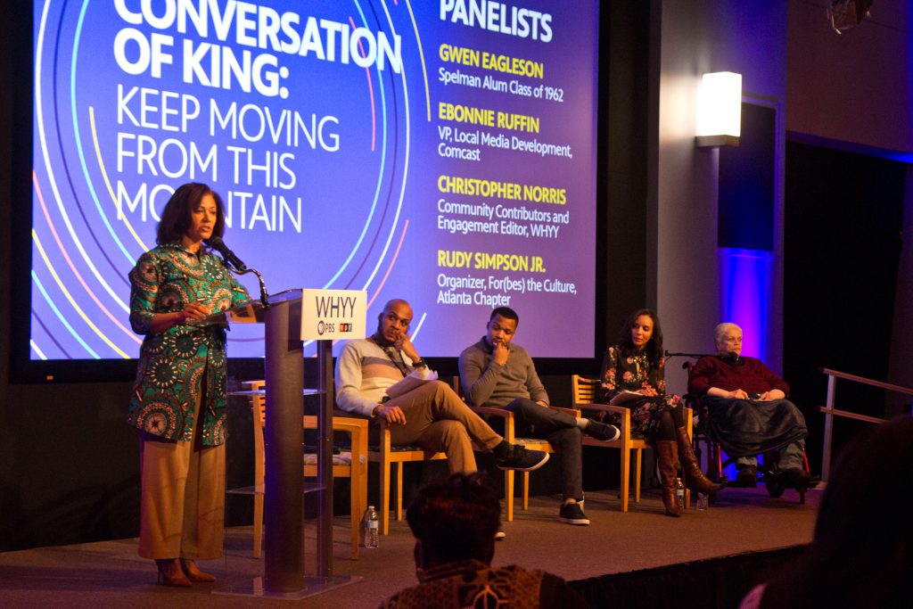 2020 1 19 k paynter mountain event-7 Kimya Johnson (left) Spelman alumna and chair of the diversity and inclusion legal practice group at Ogletree Deakins, moderates a discussion during 'Conversations of King: Keep Moving from This Mountain’ event at WHYY studios. (Kimberly Paynter/WHYY)