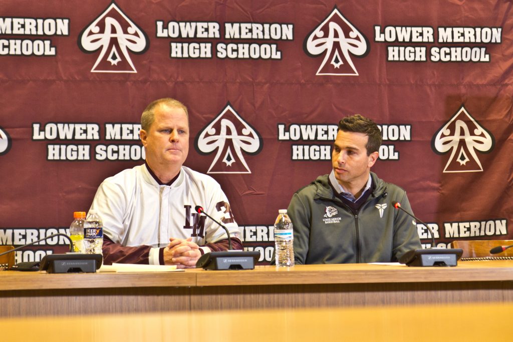 2020 1 28 k paynter kobe bryant former coach Kobe Bryant’s former coach Gregg Downer (left) and teammate Doug Young (right) held a press conference to talk about the late basketball superstar at his former high school in Lower Merion. (Kimberly Paynter/WHYY)