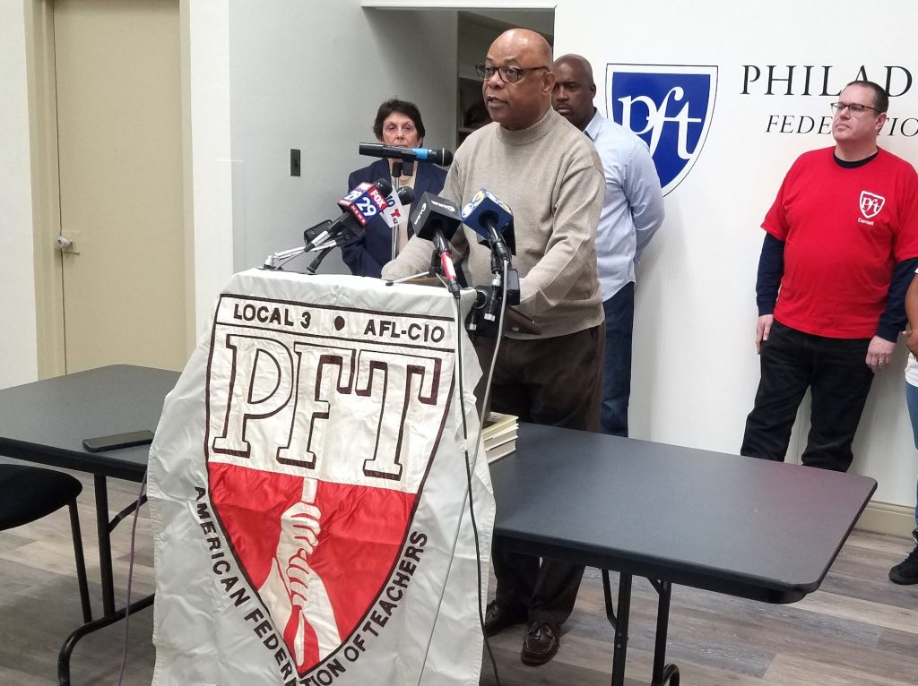 20200120_122007 Jerry Jordan, president of the Philadelphia Federation of Teachers, announces the union is taking legal action over hazardous conditions in the city’s schools on Jan. 20, 2019. (Nicholas Pugliese/WHYY)