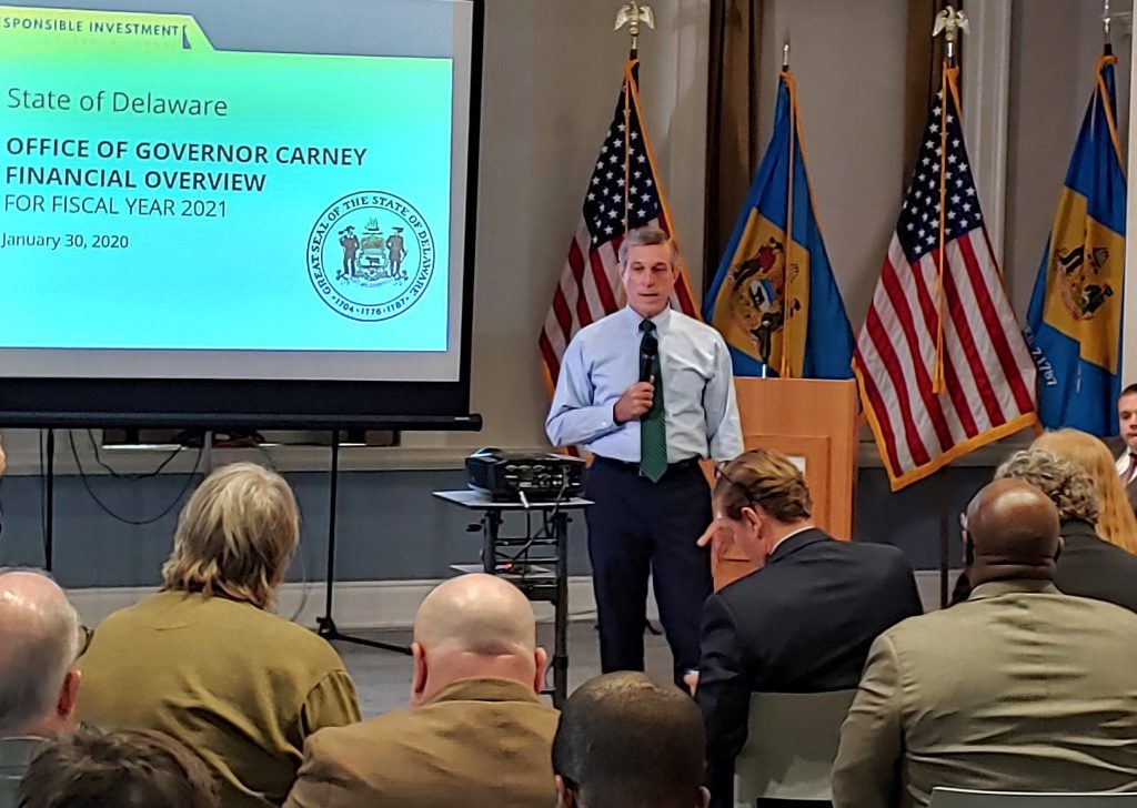 20200130_111743_HDR Gov. John Carney presents his $4.6 billion spending plan to state lawmakers in Dover Thursday morning. (Zoë Read/WHYY)