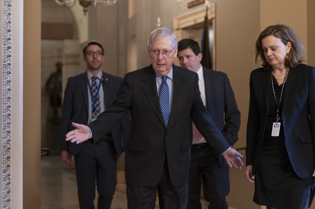 Mitch McConnell Senate Majority Leader Mitch McConnell, R-Ky., arrives for a closed meeting with fellow Republicans as he strategizes about the looming impeachment trial of President Donald Trump, at the Capitol in Washington, Tuesday, Jan. 7, 2020. (J. Scott Applewhite/AP Photo)