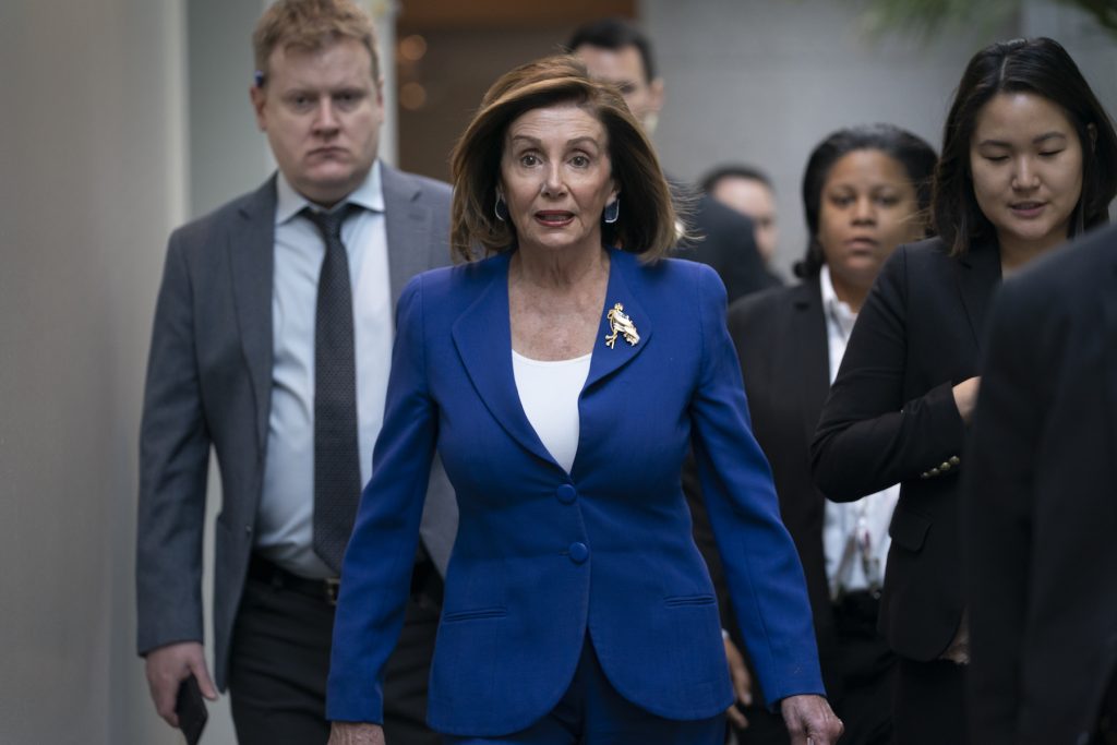 Nancy Pelosi Speaker of the House Nancy Pelosi, D-Calif., arrives to meet with other House Democrats on the morning following Iranian attacks on bases in Iraq housing U.S. troops, at the Capitol in Washington, Wednesday, Jan. 8, 2020. (J. Scott Applewhite/AP Photo)