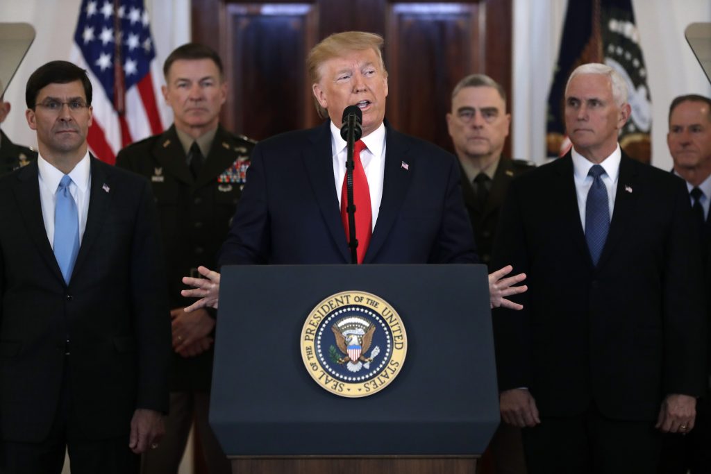 Donald Trump Vice President Mike Pence listens as President Donald Trump delivers a statement on the ballistic missile strike that Iran launched against Iraqi air bases housing U.S. troops, at the White House, Wednesday, Jan. 8, 2019, in Washington. (AP Photo/ Evan Vucci)