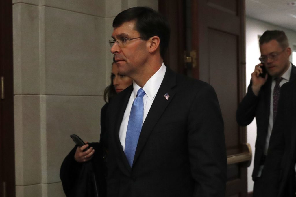 Congress US Iran Defense Secretary Mark Esper arrives to brief members of the Senate on the details of the threat that prompted the U.S. to kill Iranian Gen. Qassem Soleimani in Iraq, Wednesday, Jan. 8, 2020 on Capitol Hill in Washington. (AP Photo/ Jacquelyn Martin)
