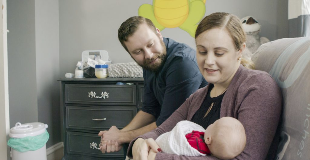 Uterine Transplant Birth Jennifer and Drew Gobrecht look at their baby, Benjamin, at home in Ridley Park, Pa. Jennifer gave birth in November 2019 following a uterine transplant. (Penn Medicine via AP)