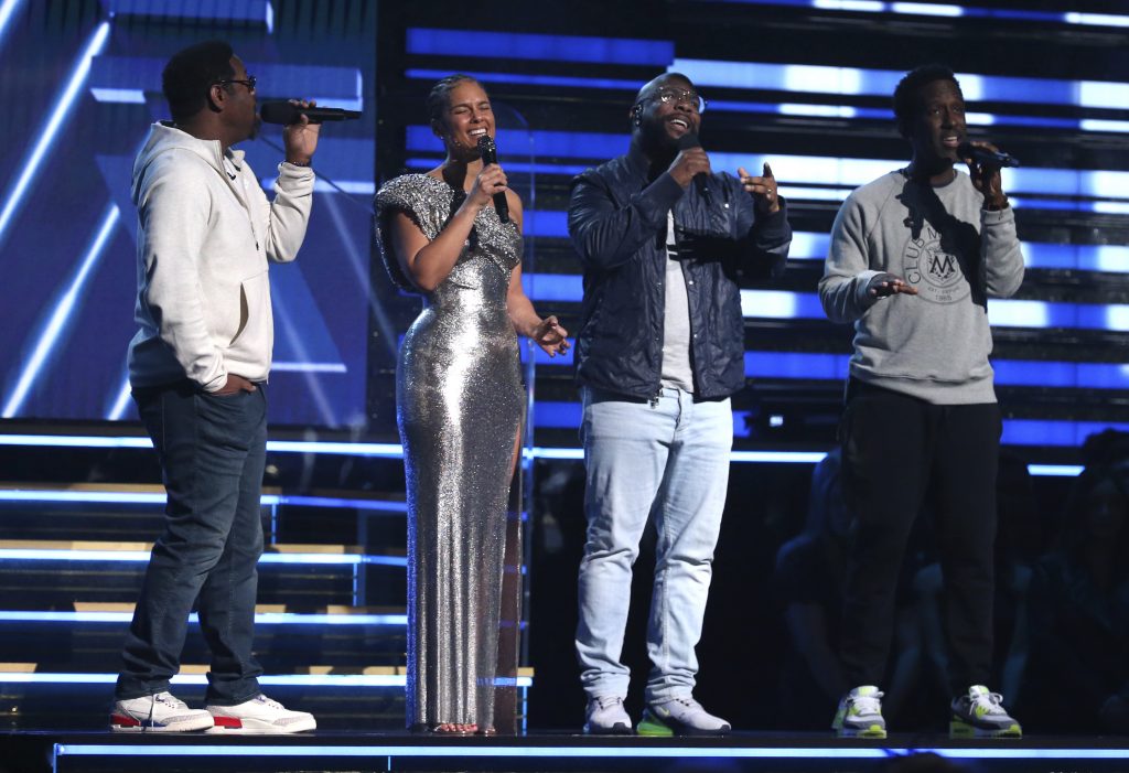 Nathan Morris, Alicia Keys, Wanya Morris, Shawn Stockman Nathan Morris, from left, Wanya Morris, Shawn Stockman, of Boyz II Men, and Alicia Keys, second left, sing a tribute in honor of the late Kobe Bryant at the 62nd annual Grammy Awards on Sunday, Jan. 26, 2020, in Los Angeles. (Matt Sayles/Invision/AP Photo)