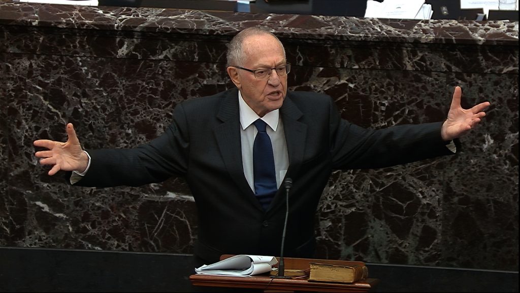 Trump Impeachment In this image from video, Alan Dershowitz, an attorney for President Donald Trump, speaks during the impeachment trial against Trump in the Senate at the U.S. Capitol in Washington, Monday, Jan. 27, 2020. (Senate Television via AP)