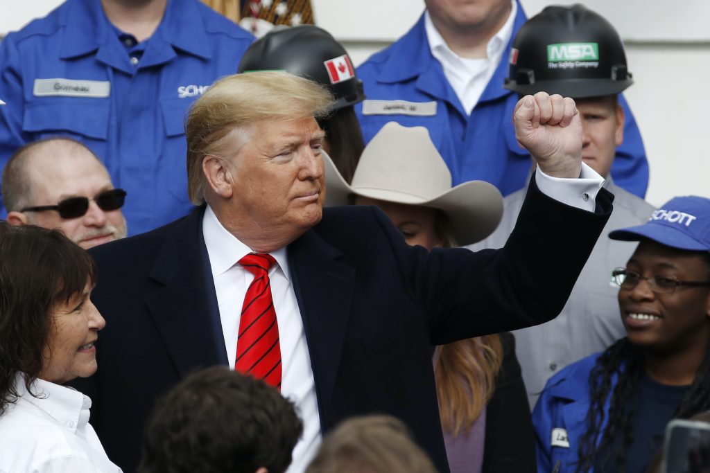 Donald Trump President Donald Trump pumps his fist after signing a new North American trade agreement with Canada and Mexico, during an event at the White House, Wednesday, Jan. 29, 2020, in Washington. (Alex Brandon/AP Photo)