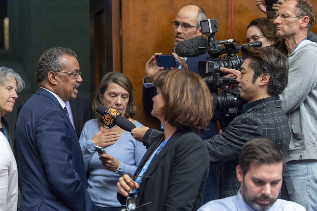 Switzerland WHO China Outbreak Tedros Adhanom Ghebreyesus, director general of the World Health Organization (WHO), speaks to the media about the Situation regarding the new Coronavirus, during a press conference at the European headquarters of the United Nations in Geneva, Switzerland, Wednesday, Jan. 29, 2020. (Martial Trezzini/Keystone via AP)