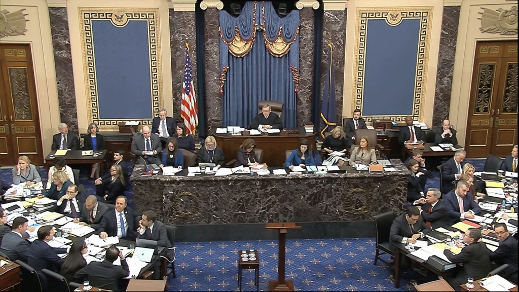 Trump Impeachment In this image from video, presiding officer Chief Justice of the United States John Roberts listens during the impeachment trial against President Donald Trump in the Senate at the U.S. Capitol in Washington, Thursday, Jan. 30 2020. (Senate Television via AP)