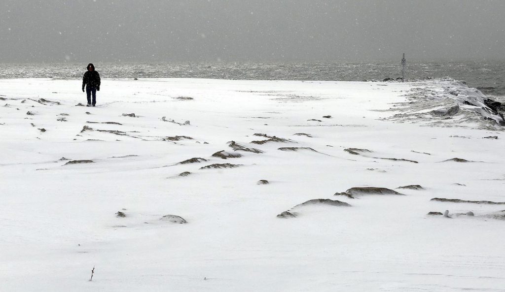 Ken Phillips Ken Phillips walks on a snow-covered beach at 2nd Avenue in Cape May, N.J., Thursday, Feb. 26, 2015. (AP Photo/The Press of Atlantic City, Dale Gerhard)