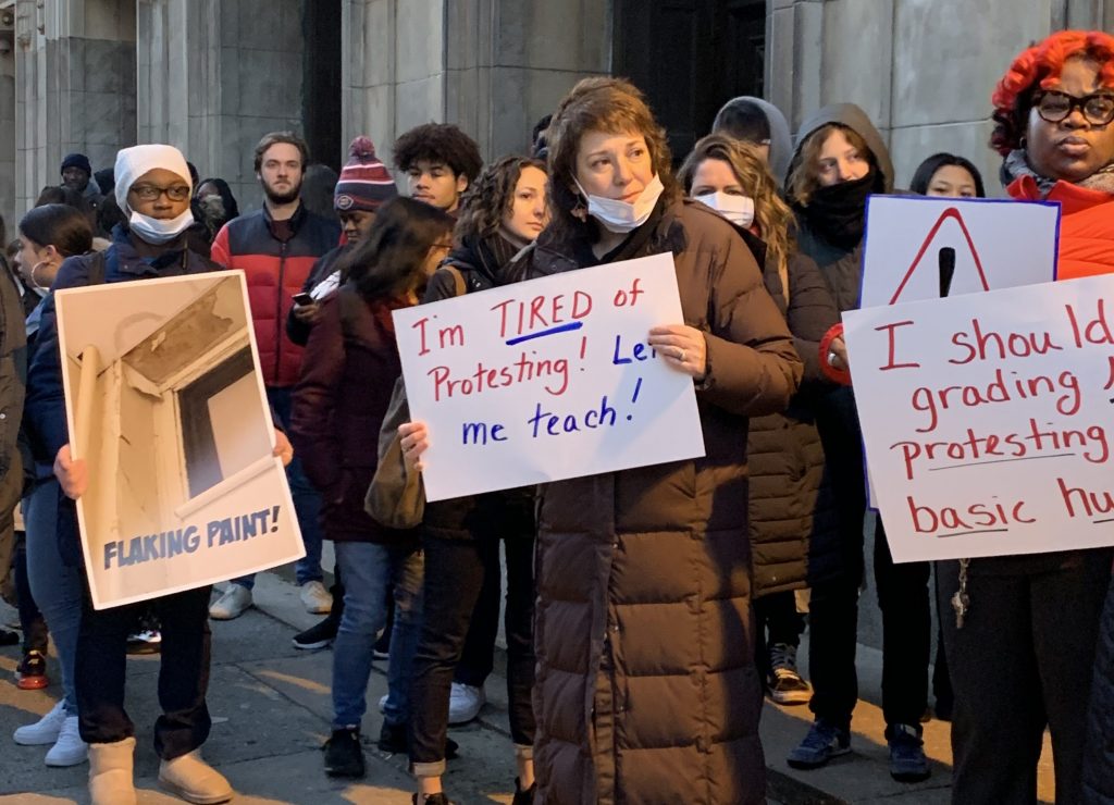 FLC-2-e1578010693411 Teachers at Franklin Learning Center rally outside the school early Thursday morning demanding more action to make the building free of environmental hazards. (The Notebook)