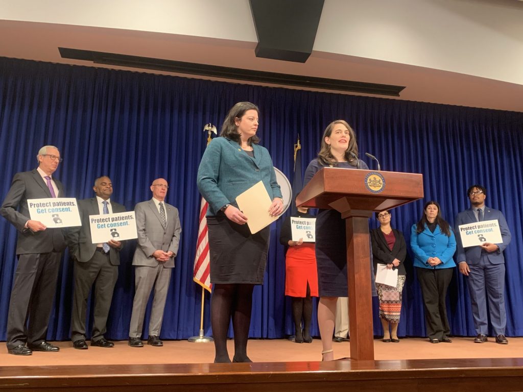 IMG_1280-1920×1440 Democratic Representatives Liz Hanbidge and Elizabeth Fiedler, of Montgomery County and Philadelphia, respectively, speak in support of their joint bill. (Katie Meyer/WITF)