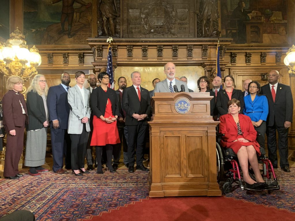 IMG_1299-1920×1440 Wolf, Democratic lawmakers and state secretaries gather to call for toxin abatement funding. (Katie Meyer/WITF)